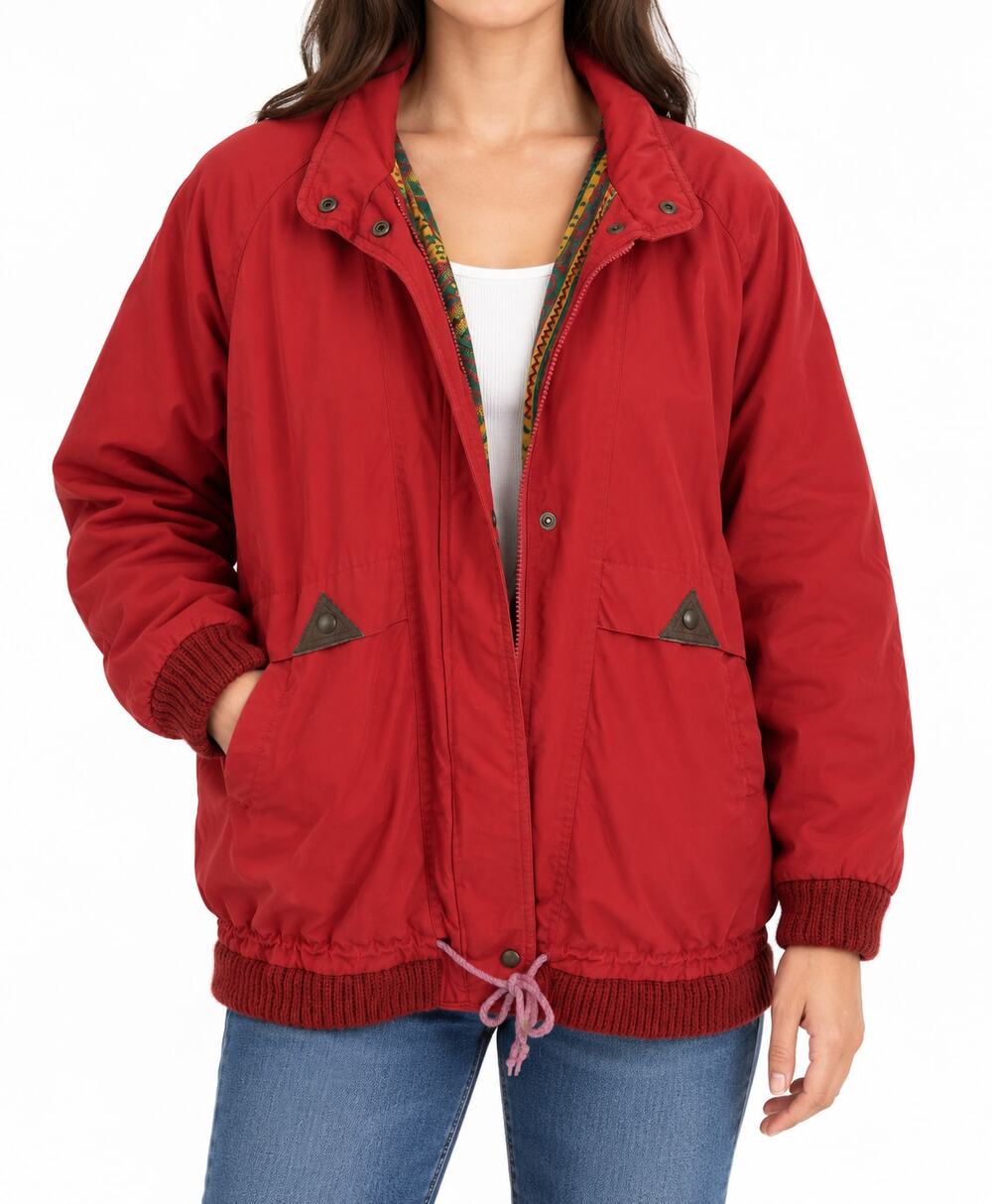 London Fog Women's Red Zip Out Liner Paisley Ribbed Jacket Coat Size Small Rain